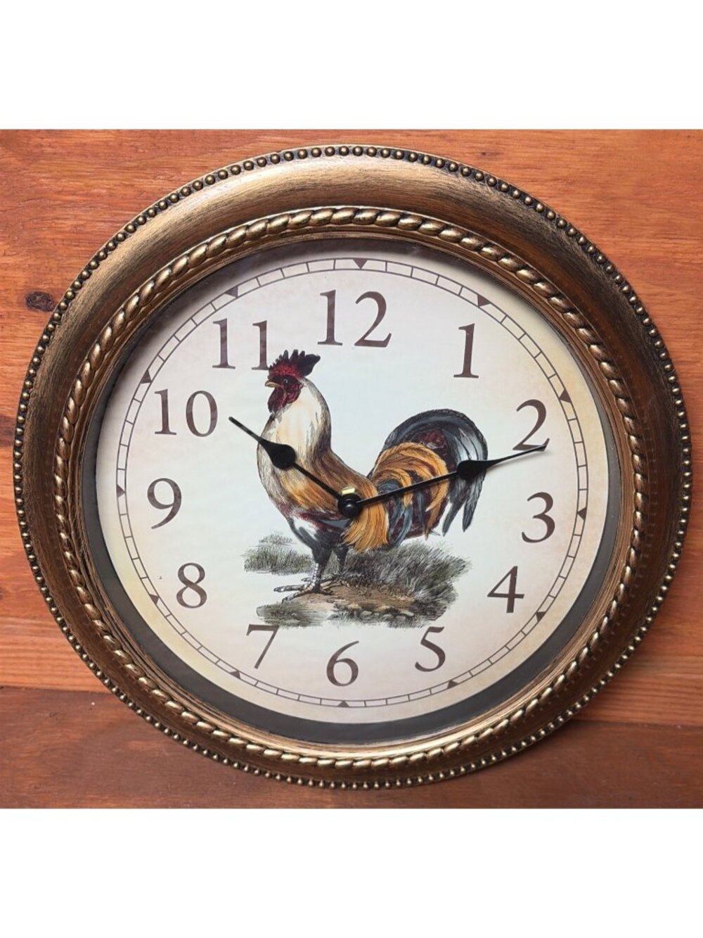 Rooster-Themed Wall Clock Ornate Bronze Frame 12" Quartz Battery Operated